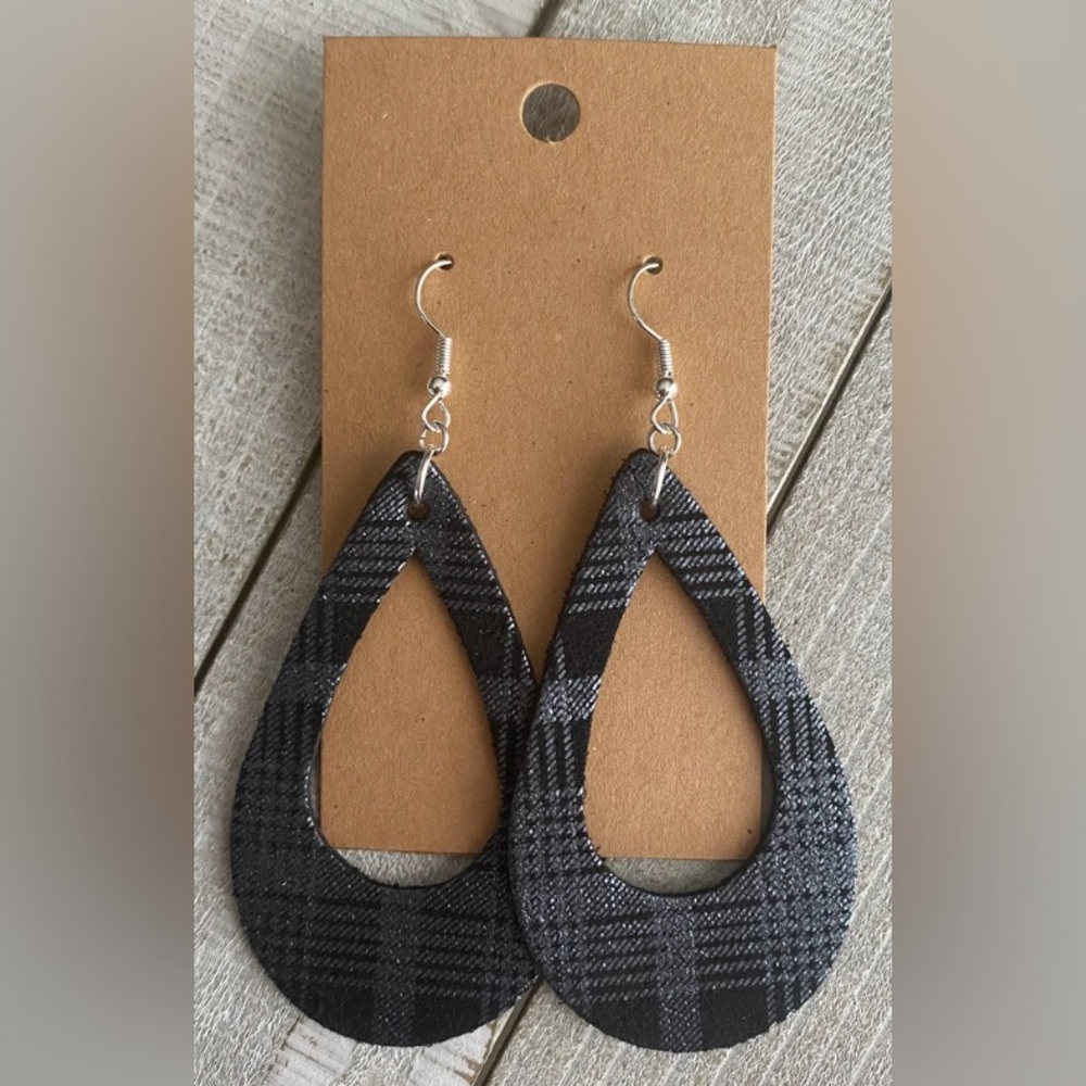 Black Plaid Leather Earrings